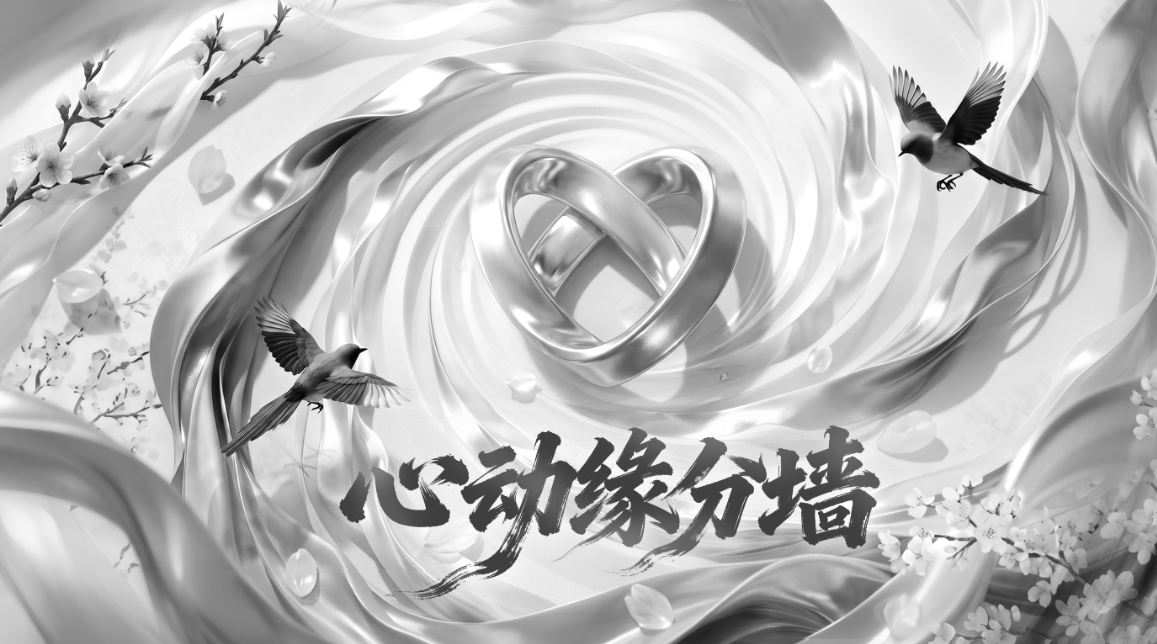 心动缘分墙黑白主视觉：银色丝带交织成心形，飞鸟与花枝环绕